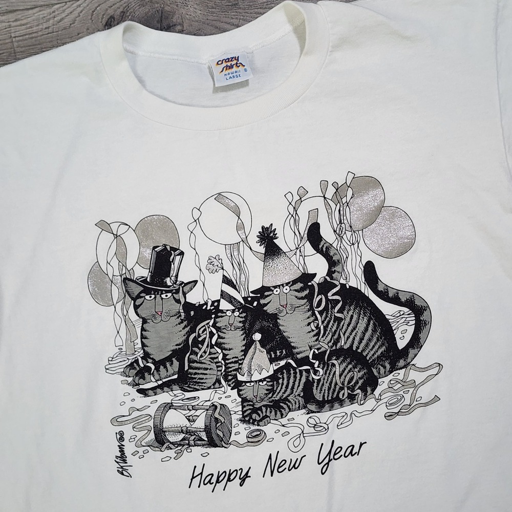 Crazy Shirts Vtg KLIBAN HAPPY NEW YEAR CATS Hawaiian Single Stitch T Shirt L Tee - Picture 2 of 11